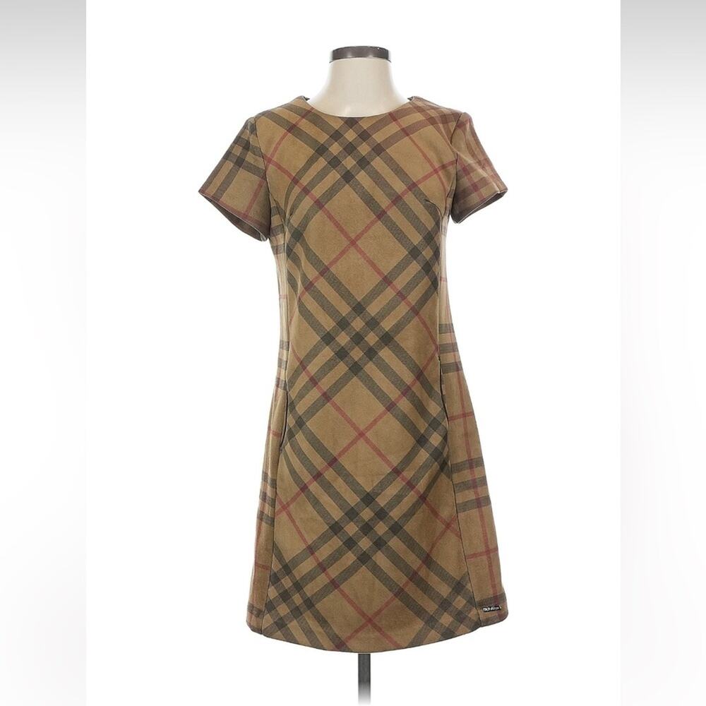 Jus d'Orange Paris tan plaid faux suede sheath dress, T1 or Small - Picture 1 of 9